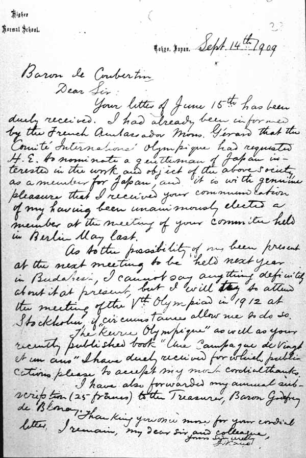 Kano1909LetterThumbnail Jigoro Kano Letter accepting Olympic membership